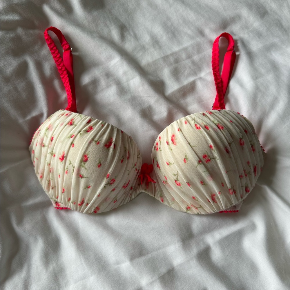 Floral Cream and Red Demi Bra